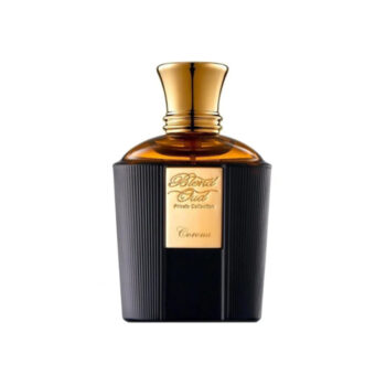 Perfume bottle with a tall gold cap, dark ribbed bottle, and a gold label reading Blend Oud Private Collection Corona