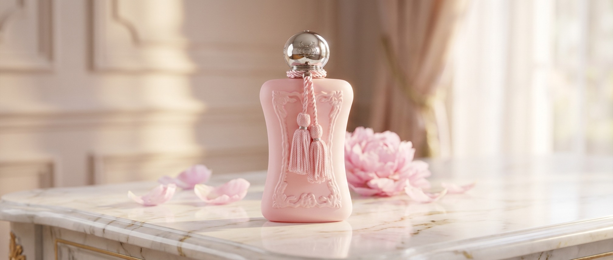 inpresioa-perfumy-premium-delina-royal-essence-zapach - Inpresioa Pink decorative perfume bottle with tassels sits on a white marble table, soft-focus elegant room in background.