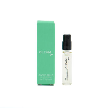 Gleam Cocco Bello perfume bottle with green packaging, 2 ml extrait de parfum box beside it, white background (product photo)