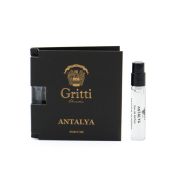 Black perfume box with gold Gritti Venezia Antalya labeling and a small spray bottle beside it on a white background