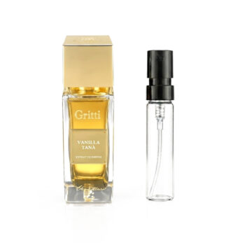 Two perfume bottles on a white background: a square glass bottle with a gold cap labeled 'Gritti' and 'Vanilla TANÀ', beside a clear spray bottle with a black cap.