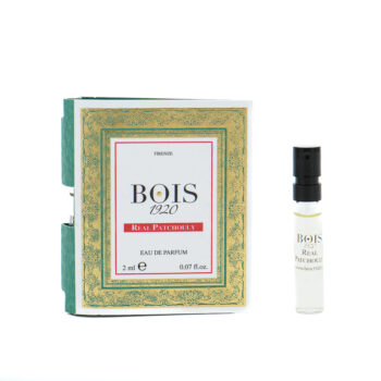 Bois 1920 Real Patchouly perfume box and sample bottle displayed side by side on a white background.