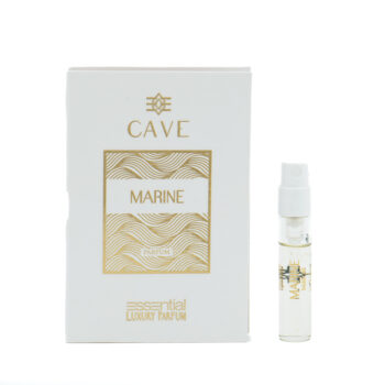 White box of Cave Marine luxury perfume with gold wave label, beside a small spray vial sample.