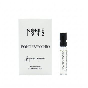Box and small perfume vial labeled Pontevecchio, Nobile 1942 fragrance set, white packaging with black text
