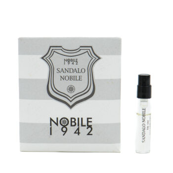 Boxed perfume packaging for Nobile 1942 Sandalo Nobile with a small clear sample vial beside it.