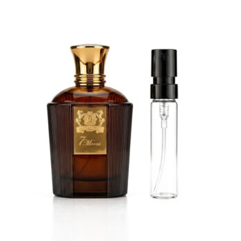 Brown glass perfume bottle with a gold cap and crest label, paired with a clear spray atomizer bottle.