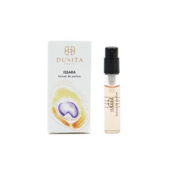 Dusita Paris Issara Extrait de parfum box beside a small spray bottle.