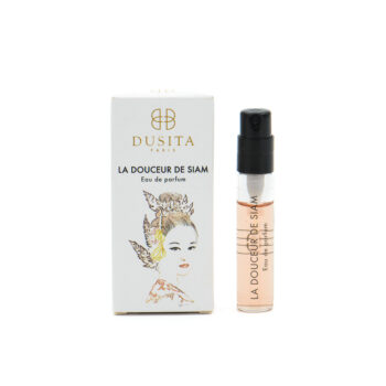 Dusita Paris La Douceur de Siam perfume set: white box with illustrated woman and a small glass spray bottle beside it (Eau de parfum).