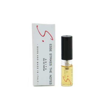 Perfume bottle with black cap and pale yellow liquid beside its white box with red logo and vertical text.