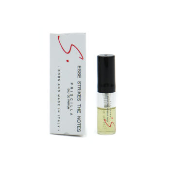 Perfume bottle with black cap beside a white box reading 'Essé Strikes The Notes' and a red abstract design.
