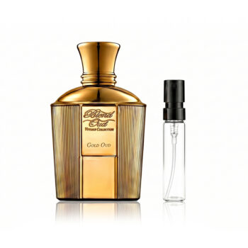 Gold perfume bottle with ribbed sides and a tall cap beside a clear spray atomizer on a white background(s)