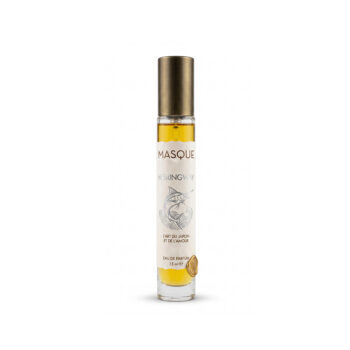 Roll-on perfume bottle with a bronze cap, yellow fragrance, and a white label reading 'Masque Hemingway'