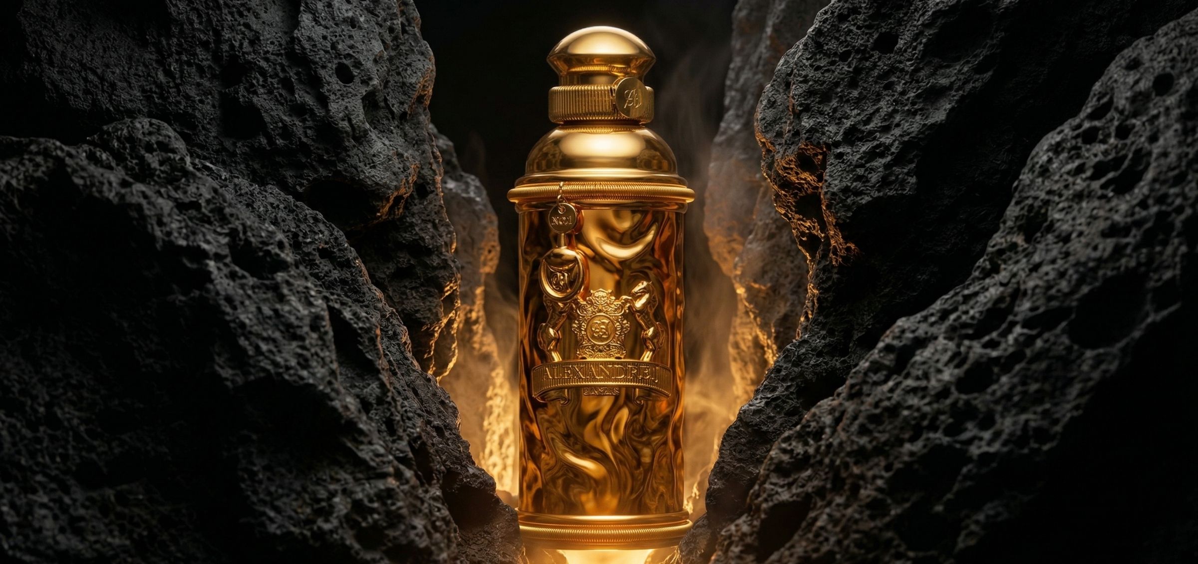 Gold ornate bottle with crest and key charm, glowing between dark volcanic rocks in a cavernous opening.