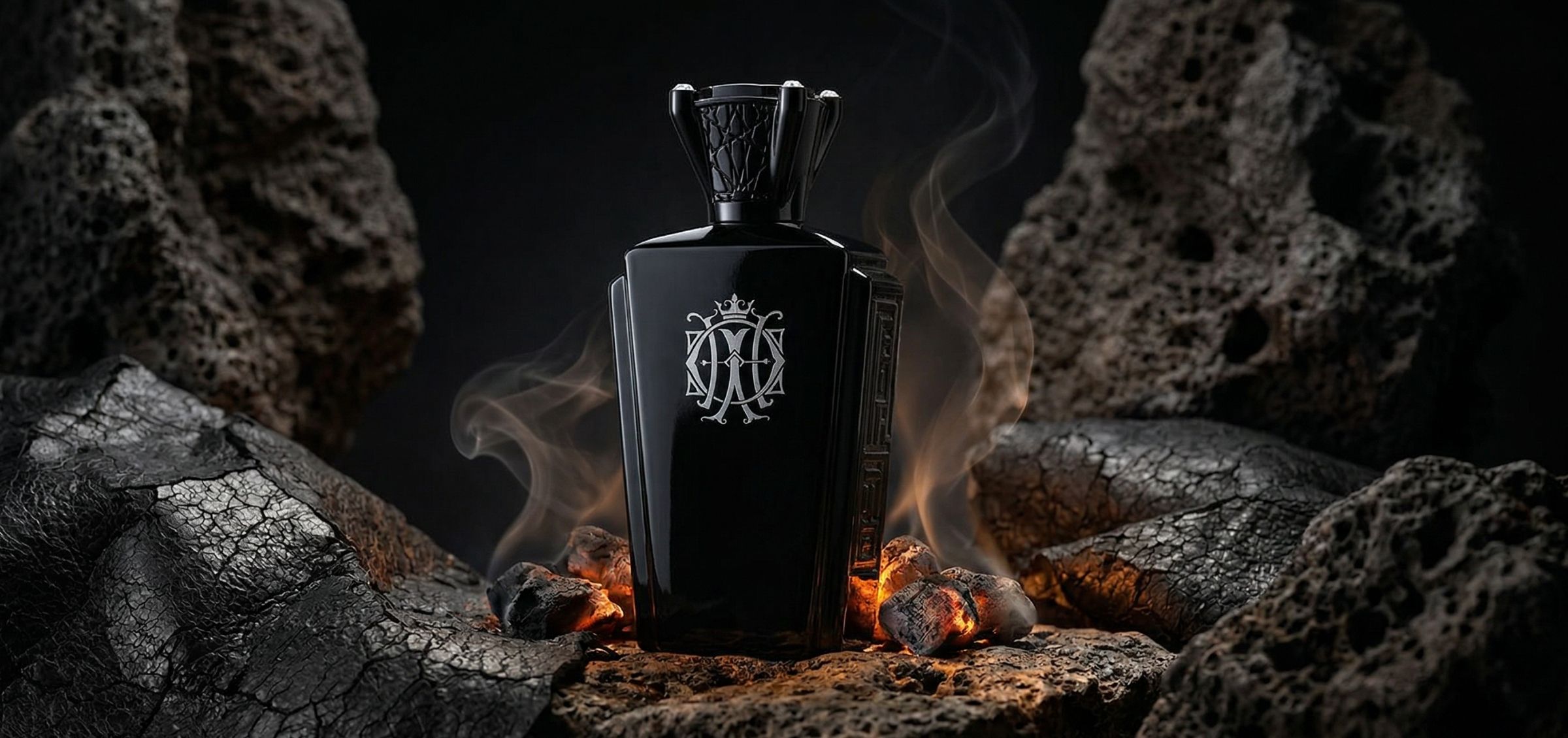 Black glass perfume bottle with a silver emblem, resting among lava rocks with orange embers and wispy steam rising from the top point of the scene