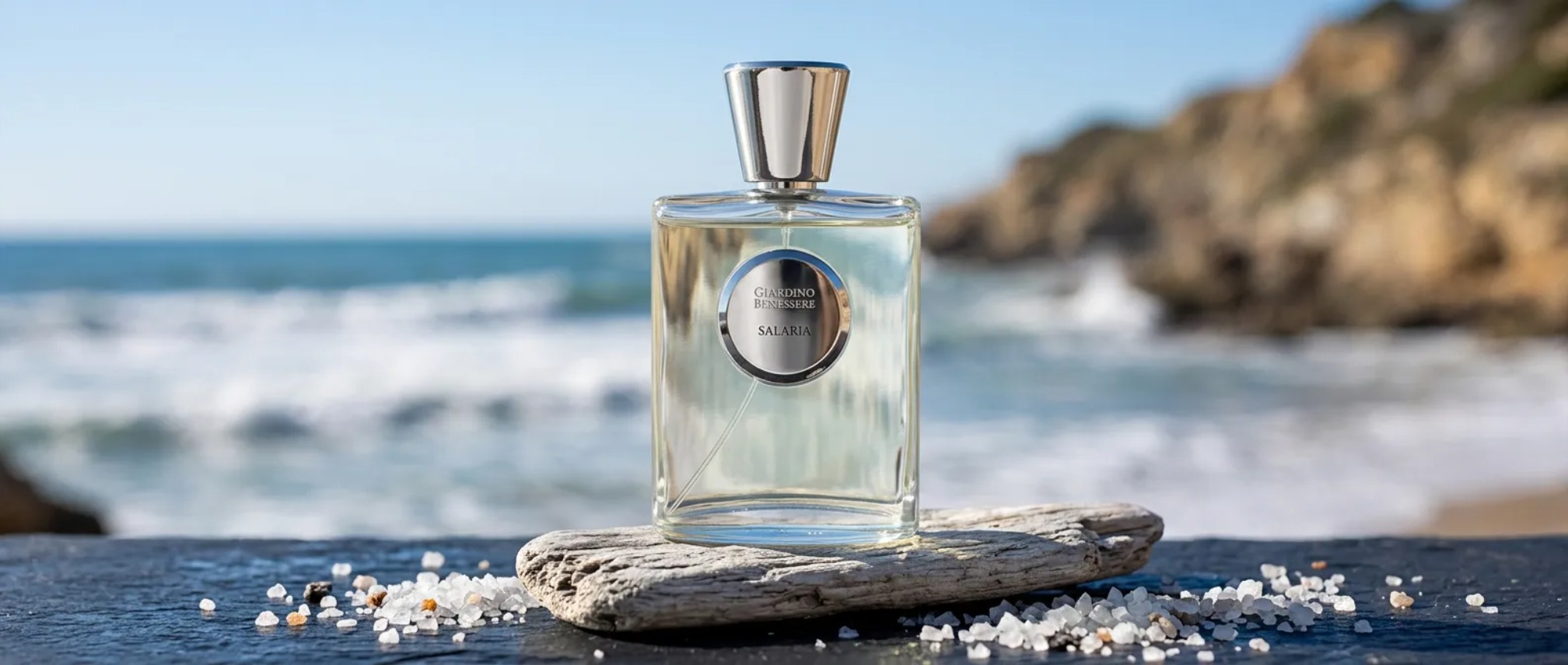 Perfume bottle with a silver cap on a rock by the sea, salt crystals scattered in the foreground. Reference bottle reads GIARDINO BENESSERE SALARIA on a blurred coastline.