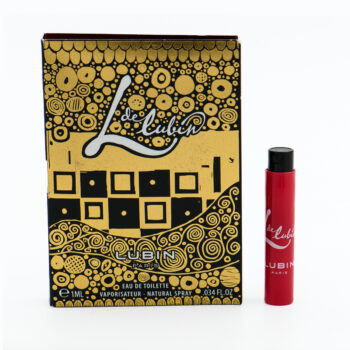 Gold and black decorative perfume box with 'de Lubin' logo, and a red perfume roller bottle labeled Lubin Paris beside it