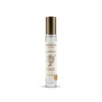 Perfume roll-on bottle labeled Masque Milano Love Kills with gold cap and rose dagger illustration