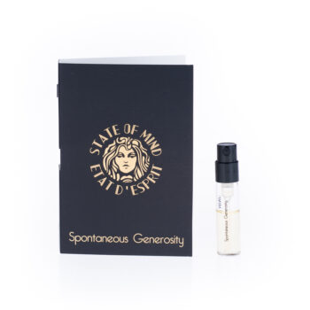 Black box with gold crest and the words 'Spontaneous Generosity' beside a small clear perfume spray bottle on a white background.