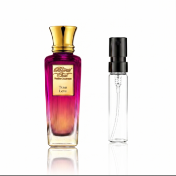 Two perfume bottles on a white background: a purple gradient bottle with a gold cap and a clear spray bottle on the right.