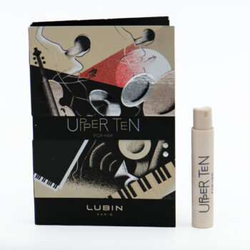 Packaging of Lubin Paris Upper Ten for Her perfume with abstract artwork; beige spray bottle beside it.