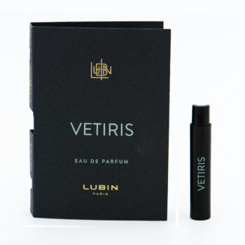 Black Vetiris perfume box with gold logo and Lubin Paris branding, paired with a black spray vial labeled VETIRIS on a white background.