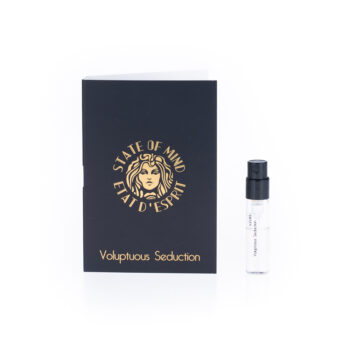 Black perfume box with a gold emblem and the text 'Voluptuous Seduction', shown with a small clear spray bottle beside it.