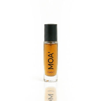 Small glass perfume bottle with amber liquid and a black cap, MOA printed vertically on the front (10 ml).
