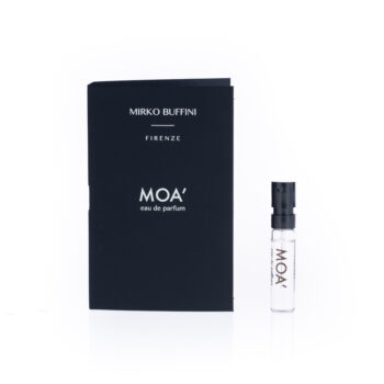 Black MOA perfume box with Mirko Buffini Firenze branding and a small clear spray vial labeled MOA beside it.
