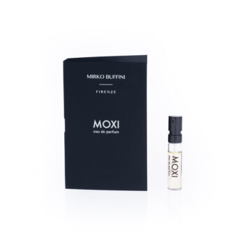 Black MOXI perfume box with Mirko Buffini Firenze branding, placed beside a small clear spray bottle labeled MOXI eau de parfum