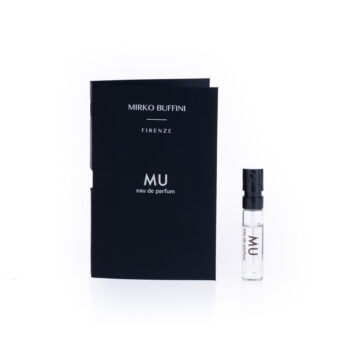 Dark perfume box with MU logo and 'eau de parfum', beside a small clear spray bottle labeled MU, on a white background