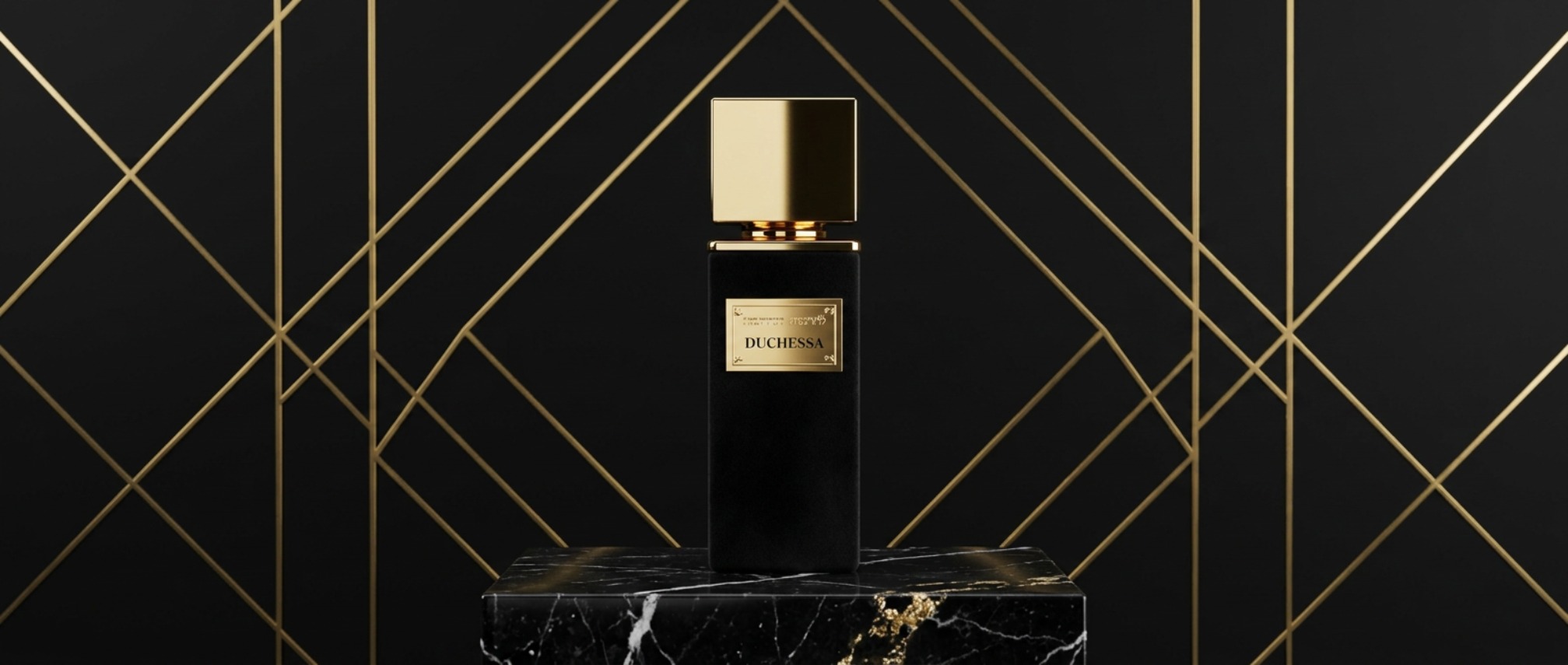 Luxurious perfume bottle with a gold cap and label reading 'DUCHESSA' on a black marble pedestal.