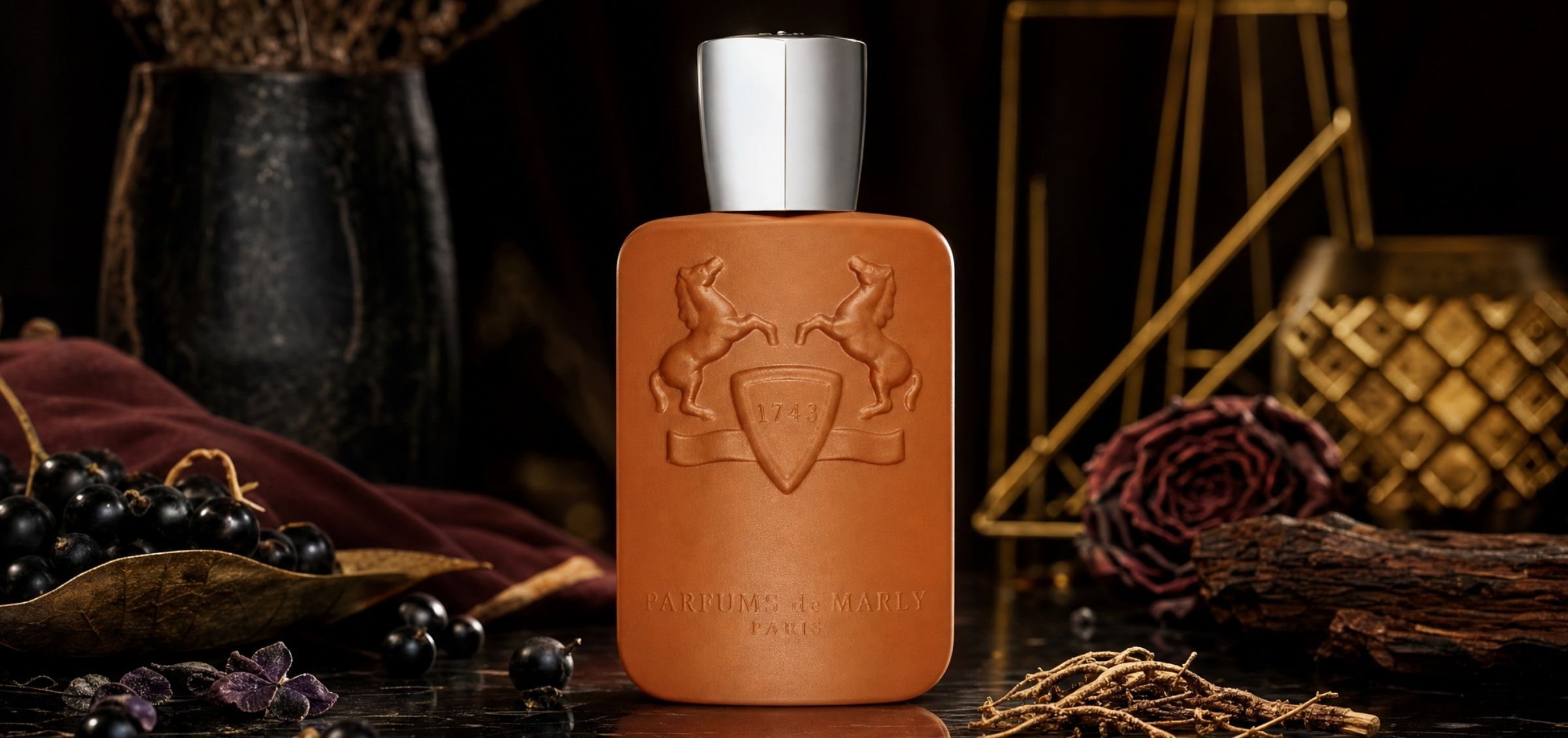 Brown perfume bottle with a silver cap, embossed crest of two rearing horses and 1743 shield, set on a dark luxe backdrop with grape accents.
