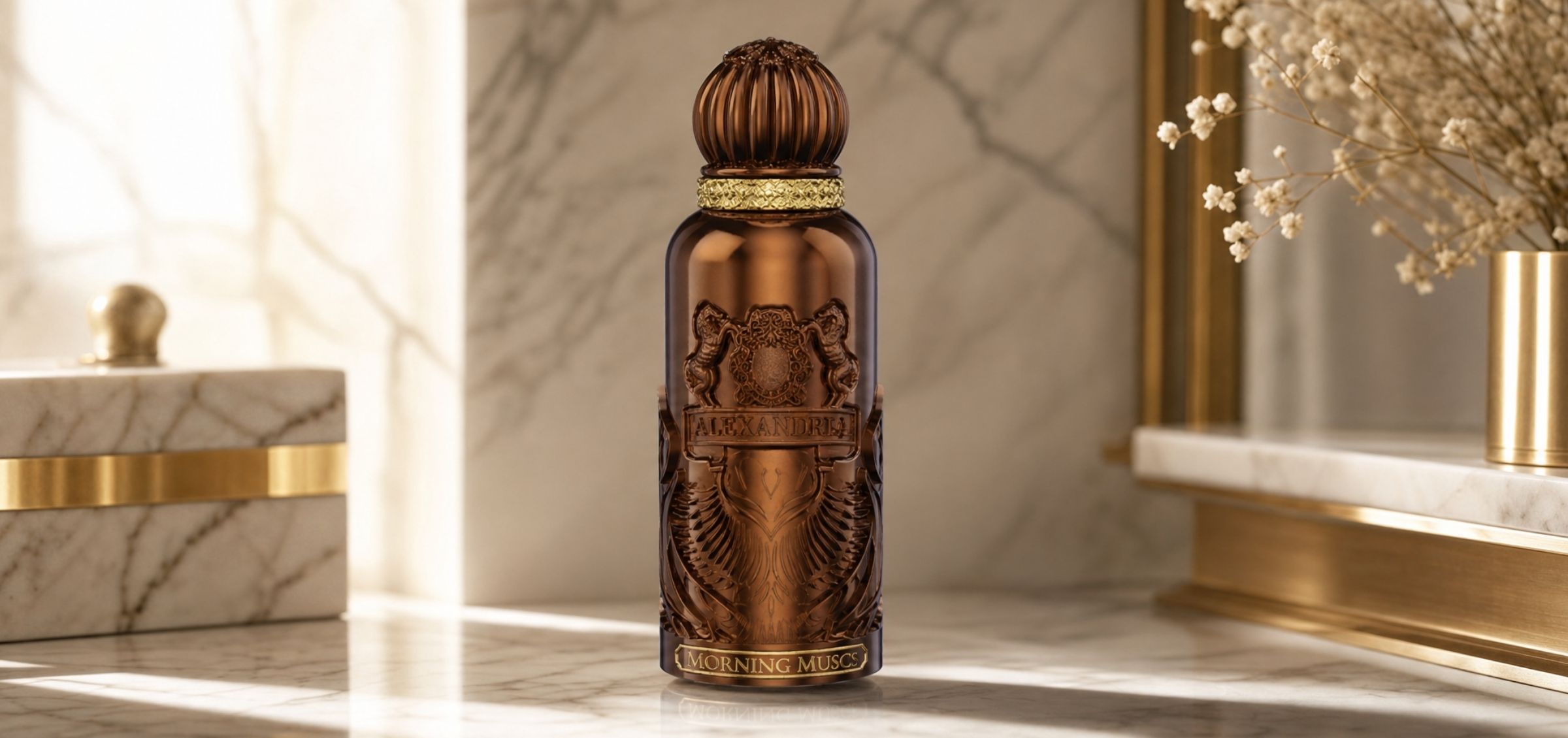 Ornate brown perfume bottle with a gold cap sits on a marble vanity, framed by gold accents and soft lighting.