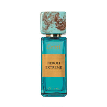 Turquoise glass perfume bottle with a gold label reading 'NEROLI EXTREME' and a marbled cap, by Gritti