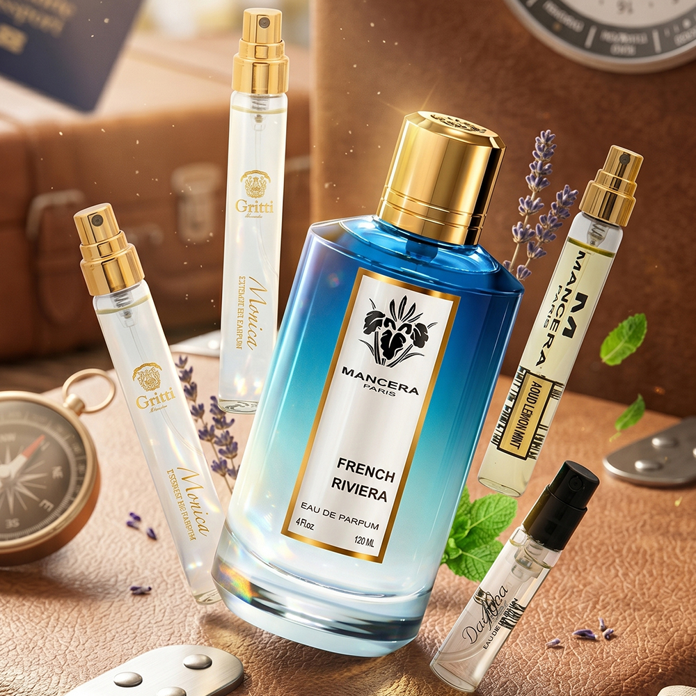 Blue gradient Mancera Paris perfume bottle labeled 'French Riviera' surrounded by several small perfume vials and lavender sprigs on a textured surface.