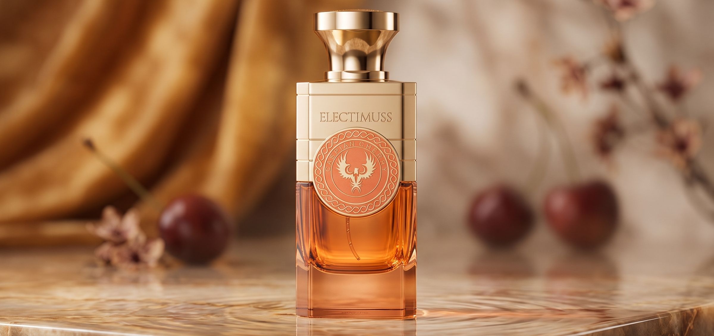 Gold-toned perfume bottle with an ornate emblem, placed on a reflective marble surface.