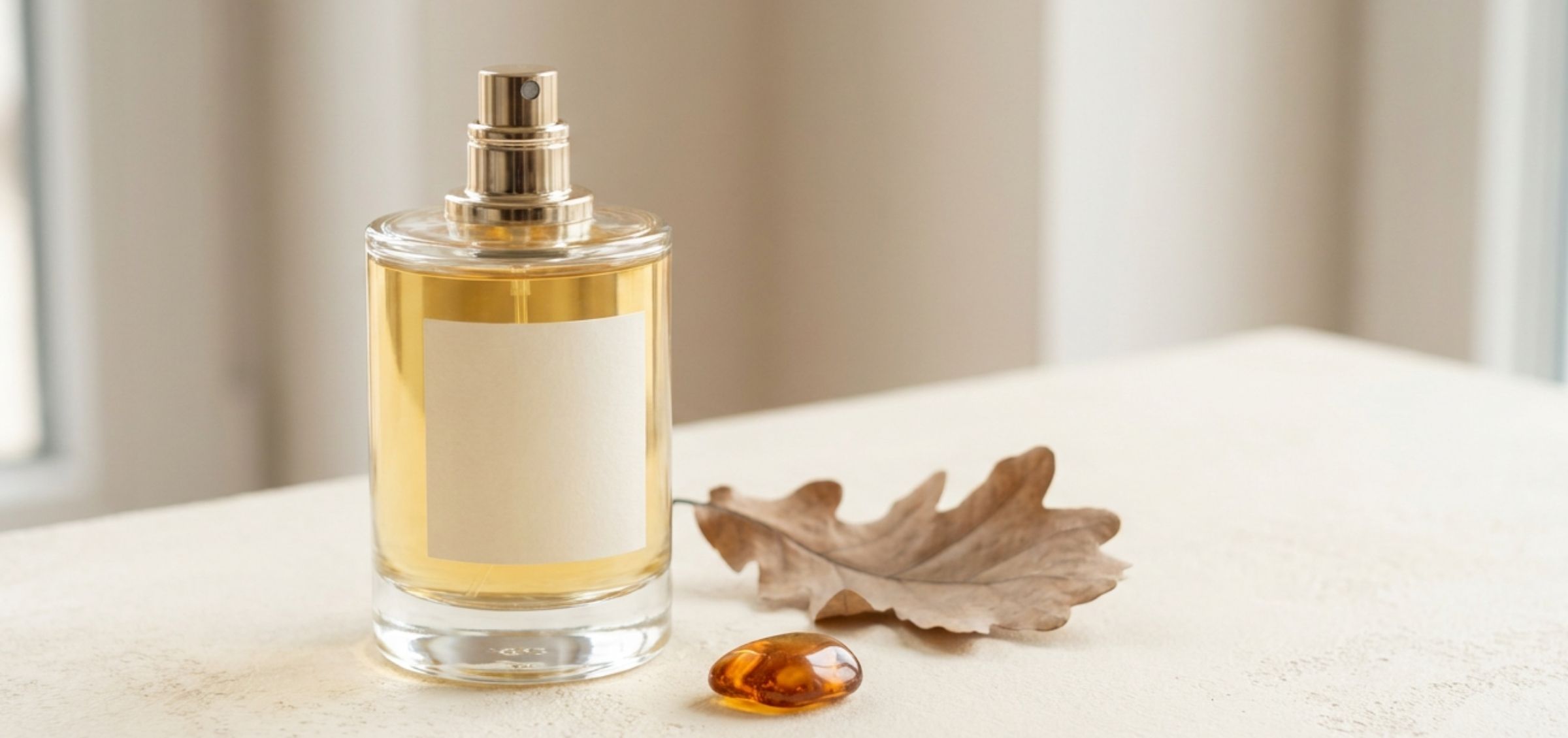 Clear glass perfume bottle with a gold spray top on a light surface, a dried leaf nearby.