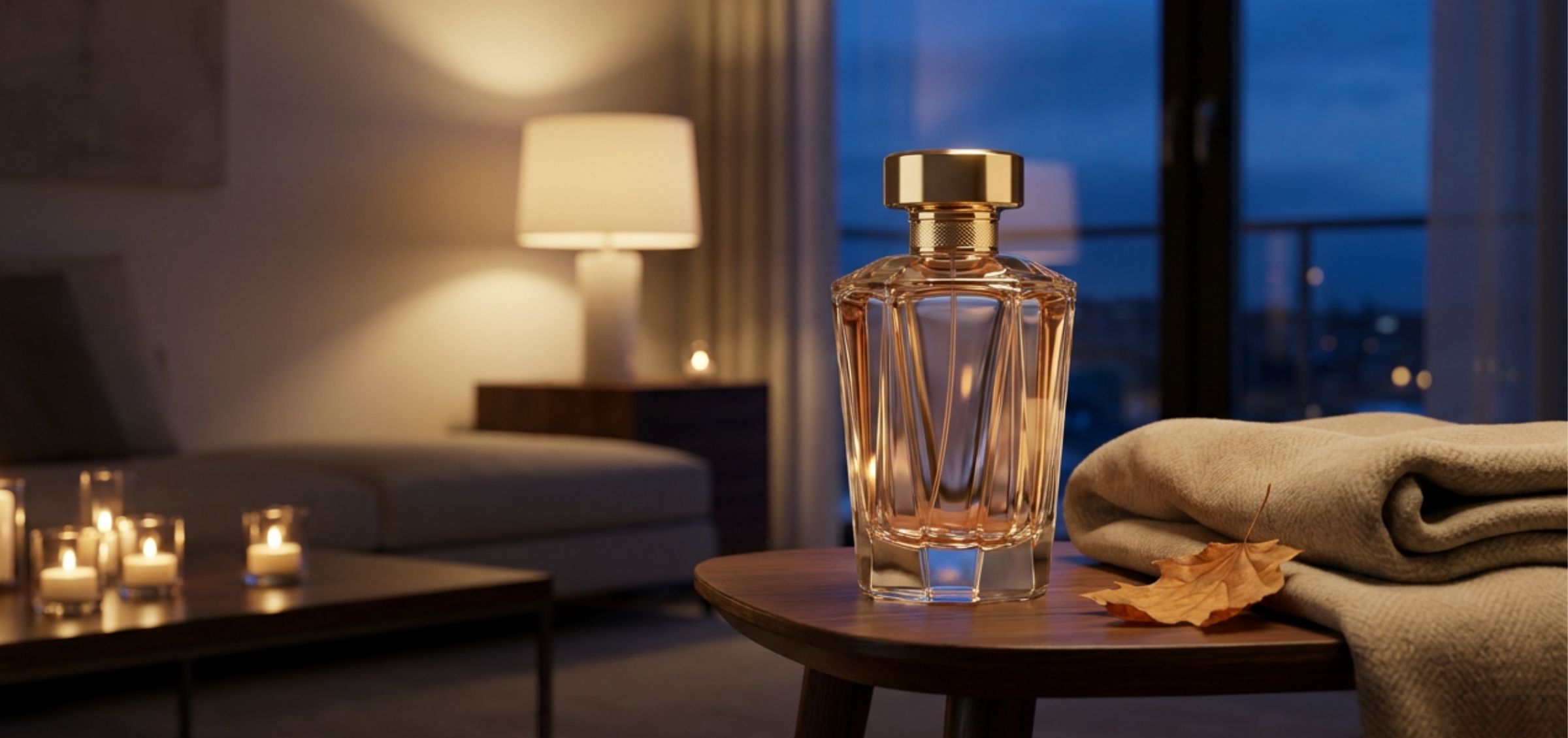 A crystal perfume bottle on a round wooden table in a cozy living room with candles, a lamp, and a folded beige blanket nearby at dusk.