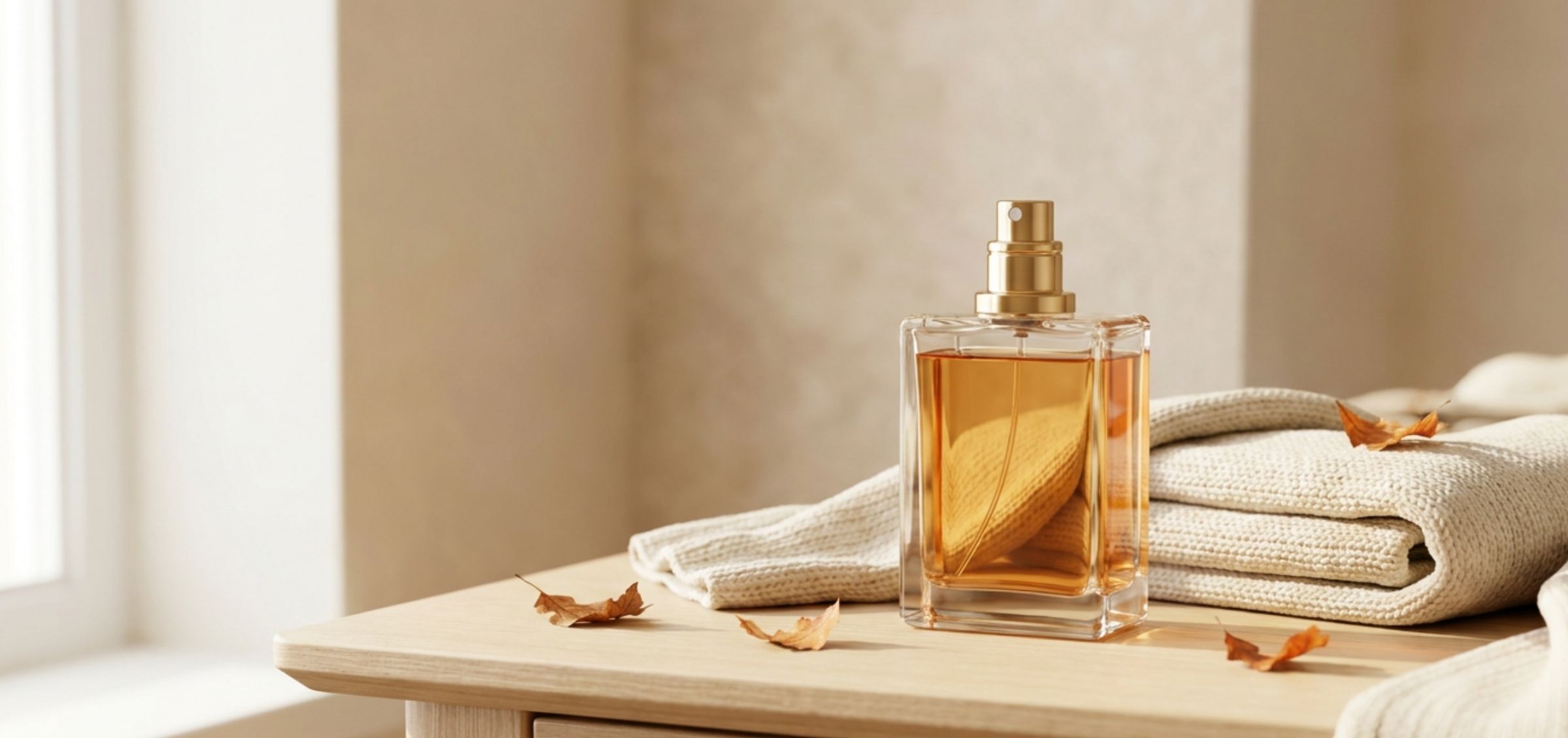 Clear glass perfume bottle with a gold spray cap and amber liquid on a wooden table, next to folded towels and fallen autumn leaves.