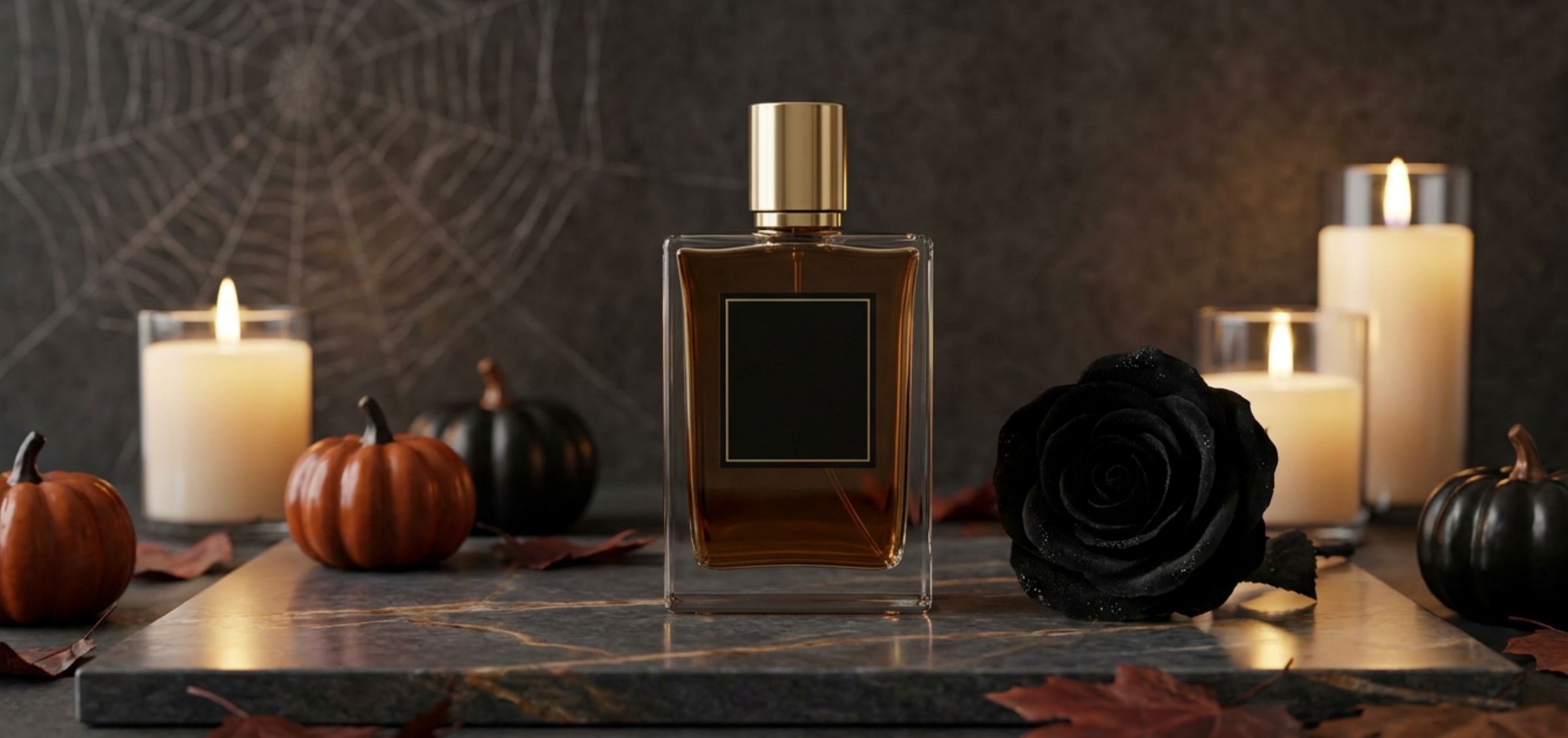 Glass perfume bottle with amber liquid on a marble surface, surrounded by candles, orange and black pumpkins, and a black rose for an autumn Halloween mood.