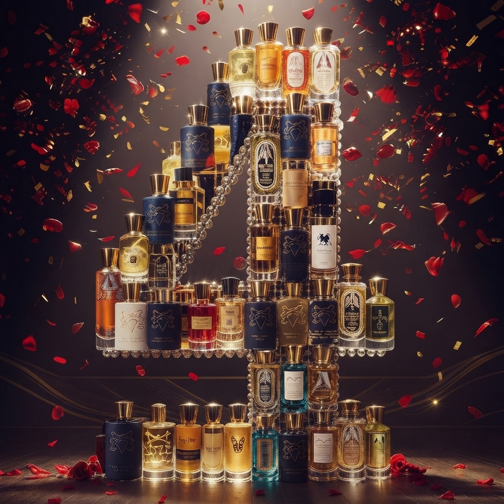 Gemini_Generated_Image_63e96763e96763e9 - Inpresioa Pyramid-shaped display of assorted perfume bottles with gold caps, arranged on shelves, surrounded by red confetti against a dark backdrop.