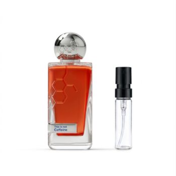 Orange perfume bottle with hexagonal pattern and silver cap, next to a clear atomizer-style spray bottle.
