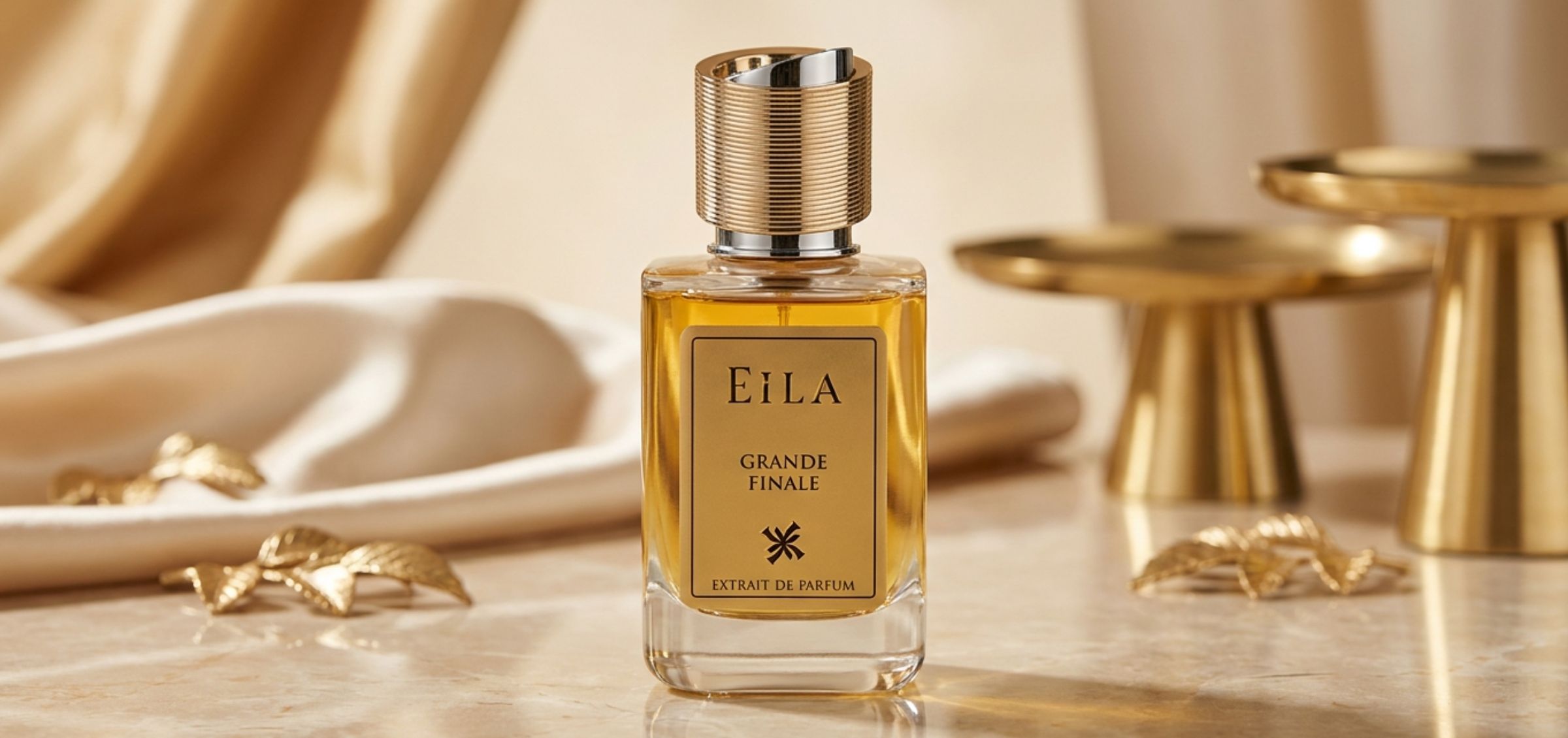 Perfume bottle with a gold cap labeled “EILA Grande Finale” on a marble surface with gold decor in the background.